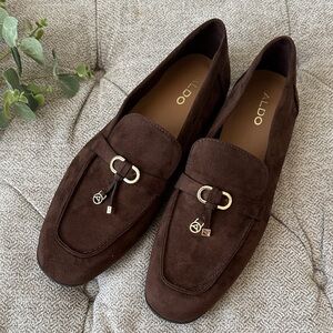 Aldo Dark Brown Suede Loafers with Gold Hardware
